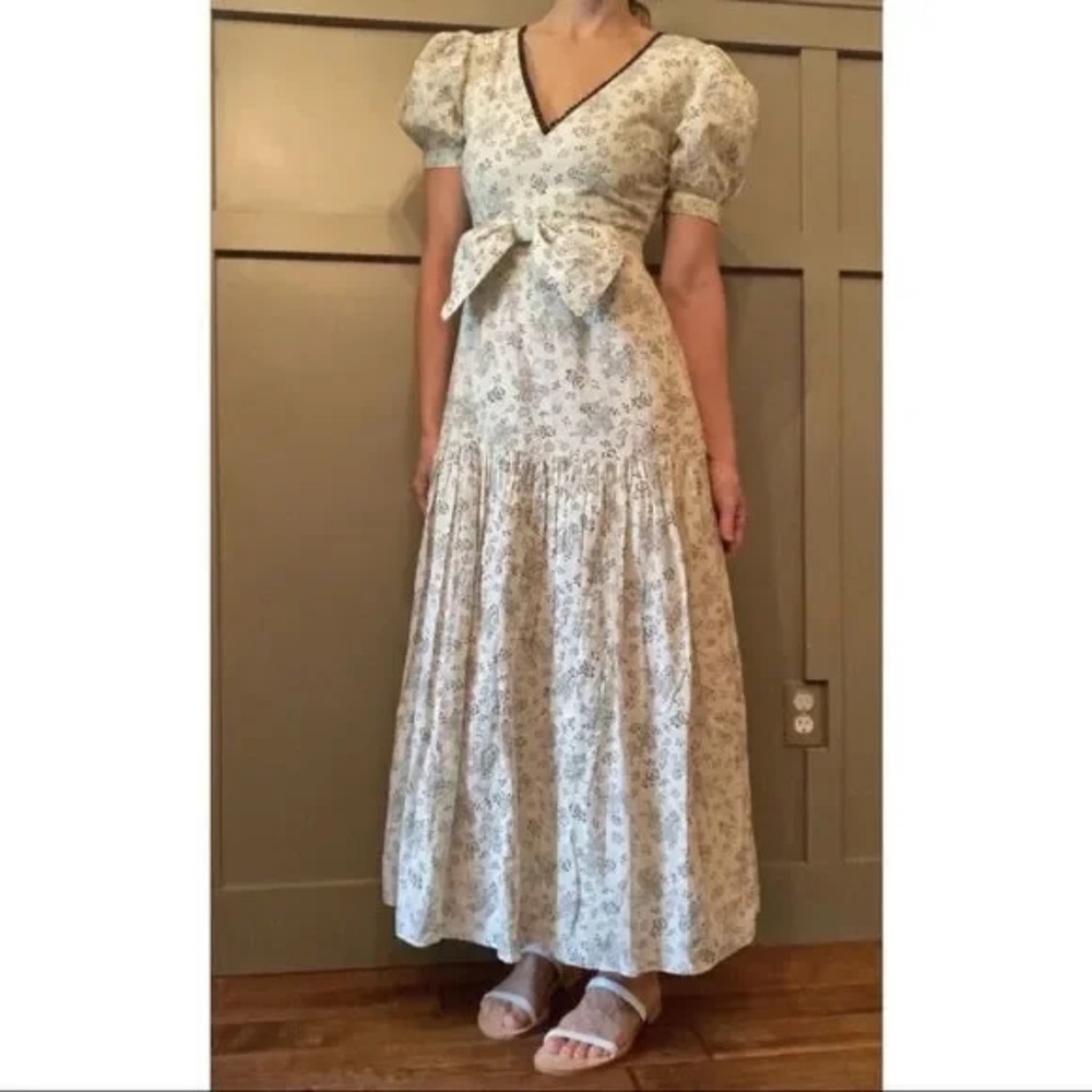 LoveShackFancy Dominique Dress Cream Floral Boho Maxi Bow Detail Size 00 New NWT